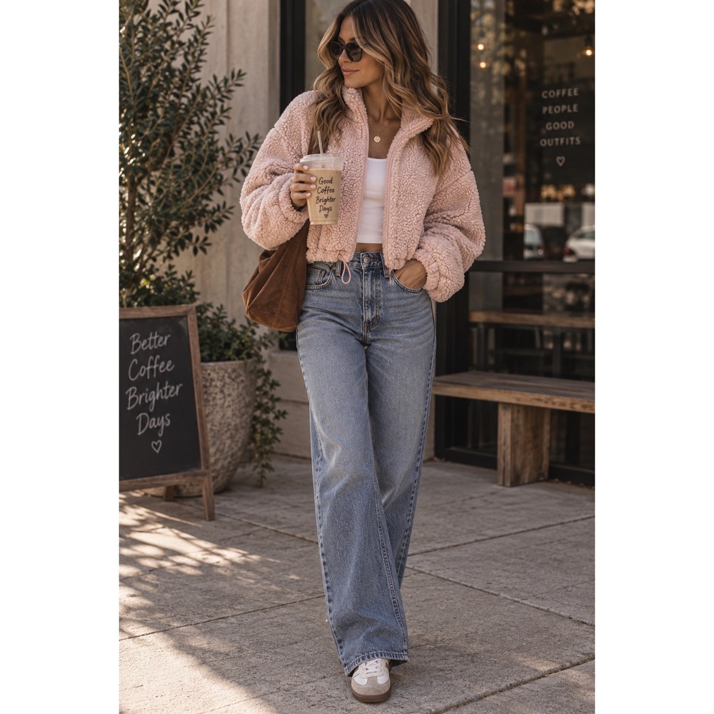 Urban Outfitters Pink Teddy Fleece Zip-Up Jacket Cropped XS